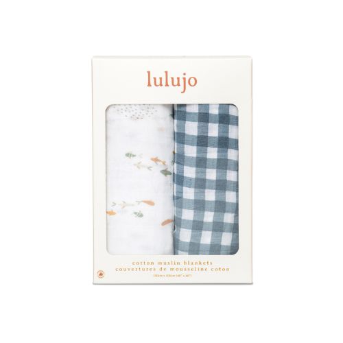 Lulujo - Cotton Swaddle - Fish / Navy Gingham - 2 Pack