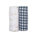 Lulujo - Cotton Swaddle - Fish & Navy Gingham - 2 Pack